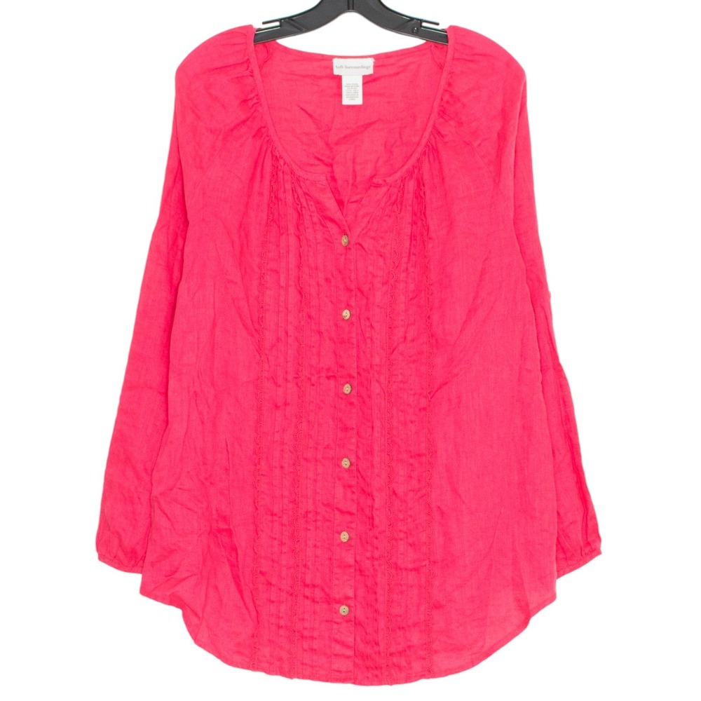 Soft Surroundings Tunic Top Linen Boho Cottage Romantic Button Up Pink Sz Large